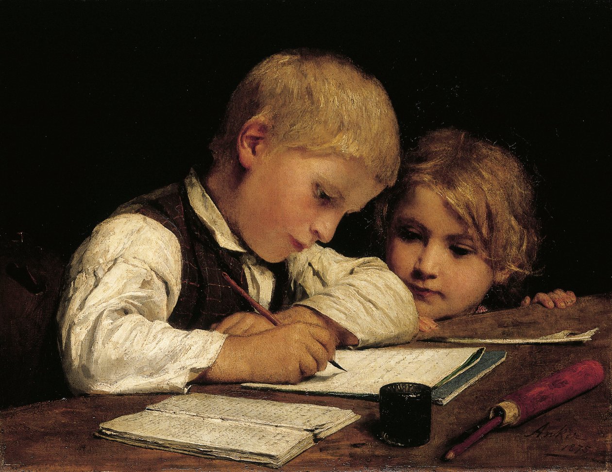 Poika kirjoittaa siskonsa kanssa, 1875 tekijältä Albert Anker