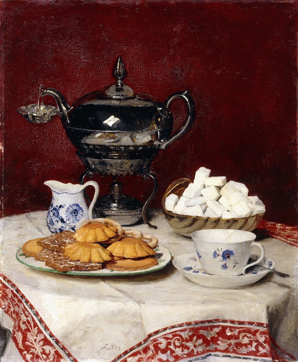 Asetelma: Tasteful Tea, 1897 tekijältä Albert Anker