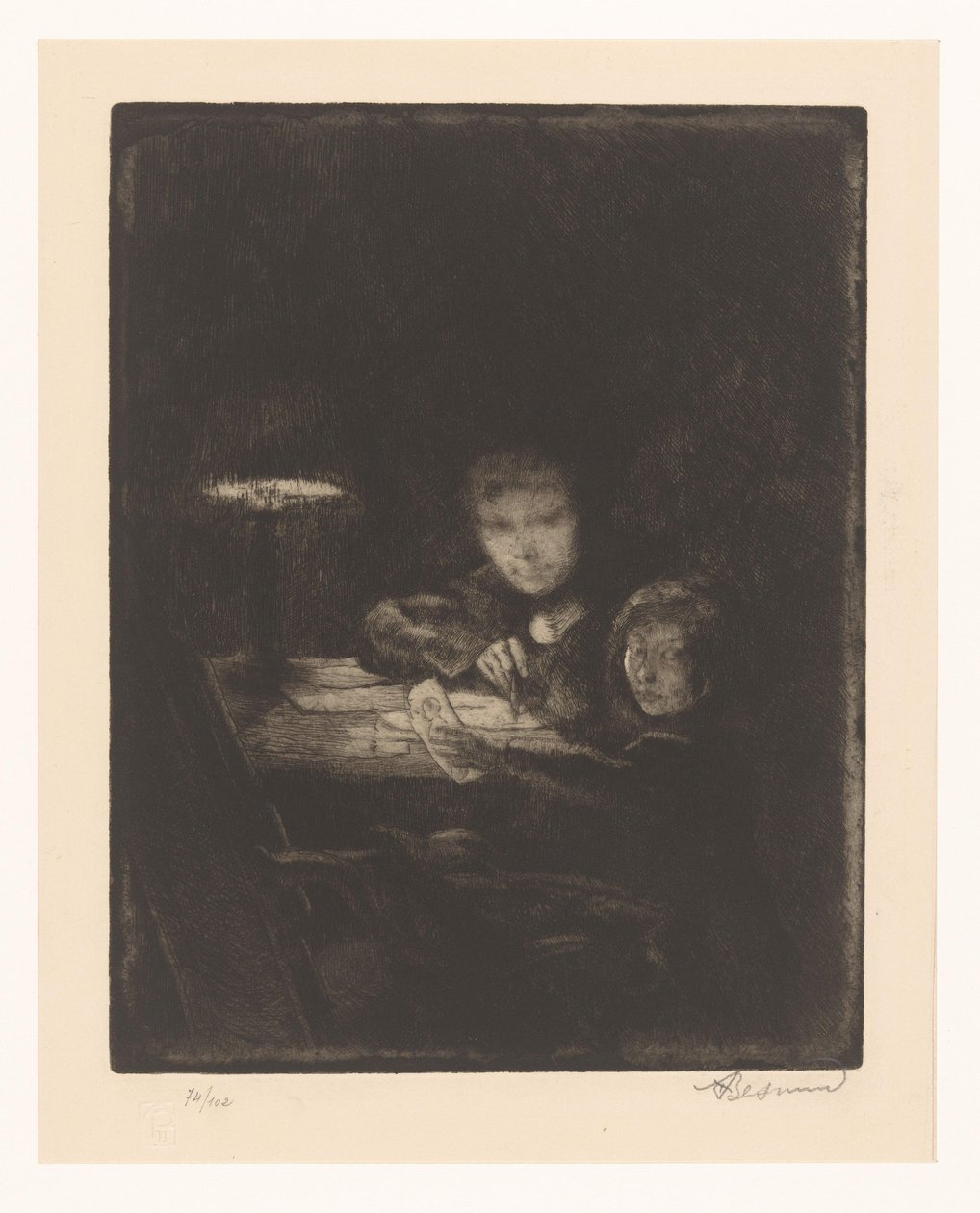 Lapset piirtävät hämärässä tekijältä Albert Besnard (signed by artist)
