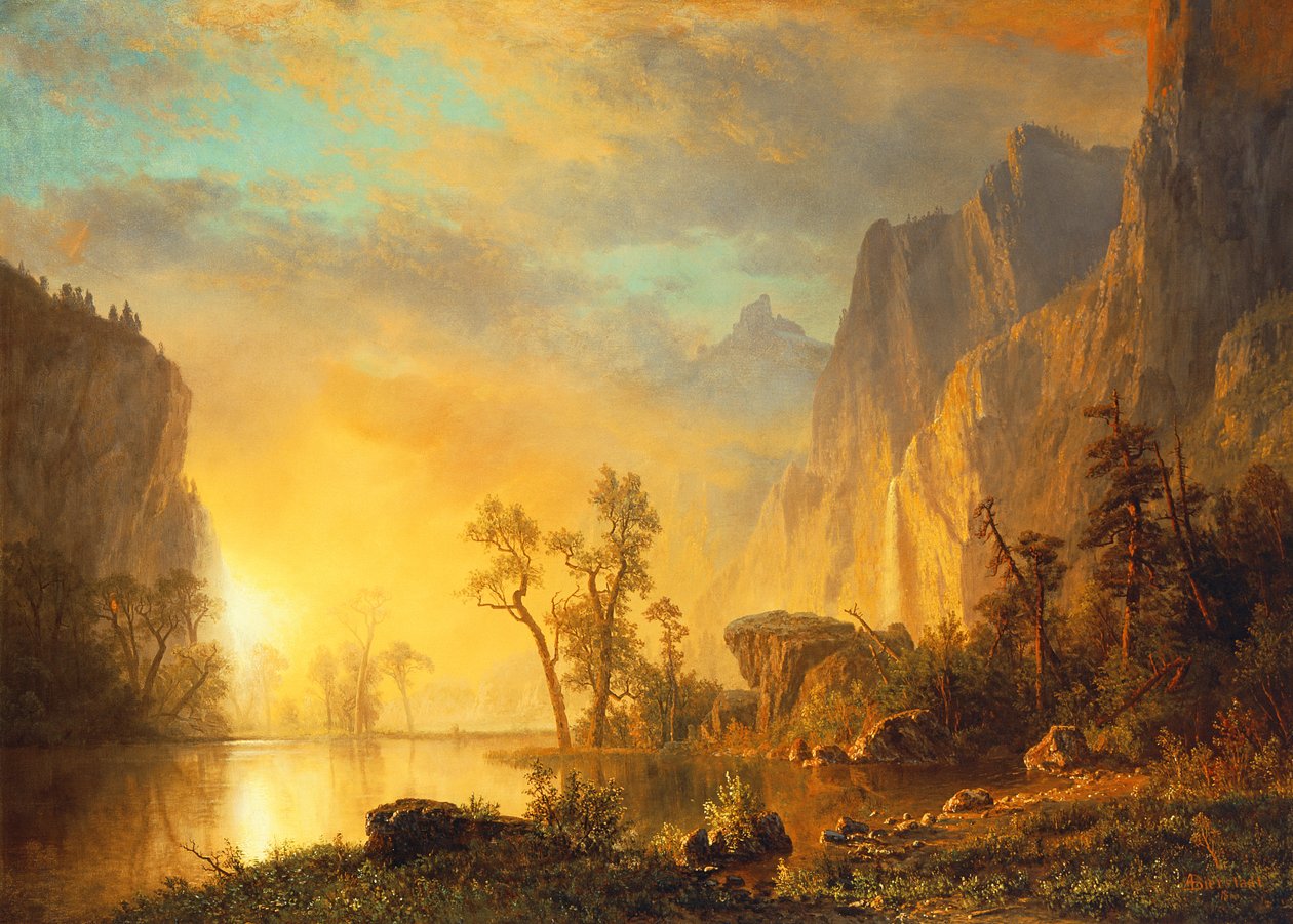 Auringonlasku Kalliovuorilla tekijältä Albert Bierstadt