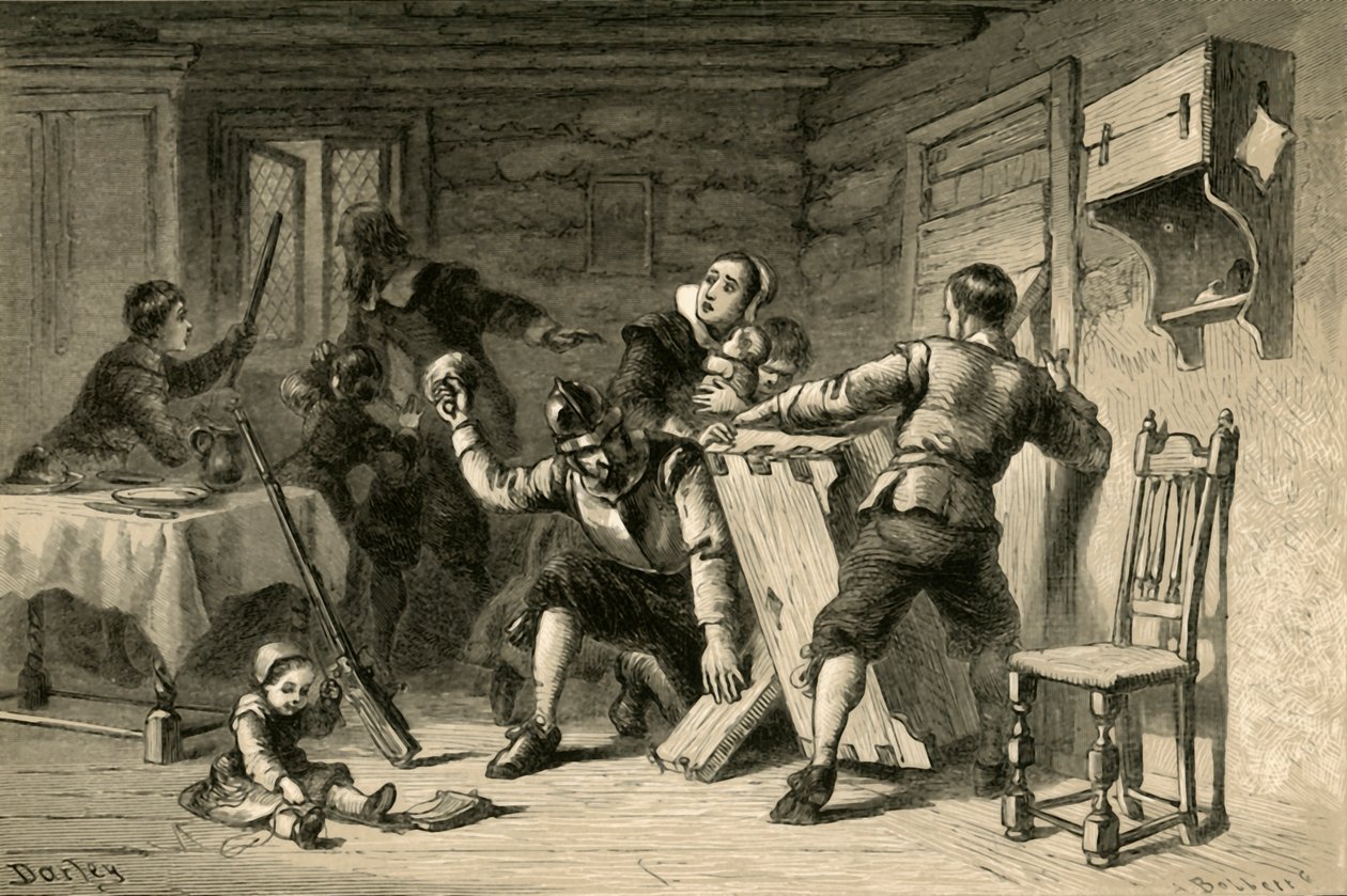 Puritaanit barrikadoivat talonsa intiaaneja vastaan, 1877. tekijältä Albert Bobbett