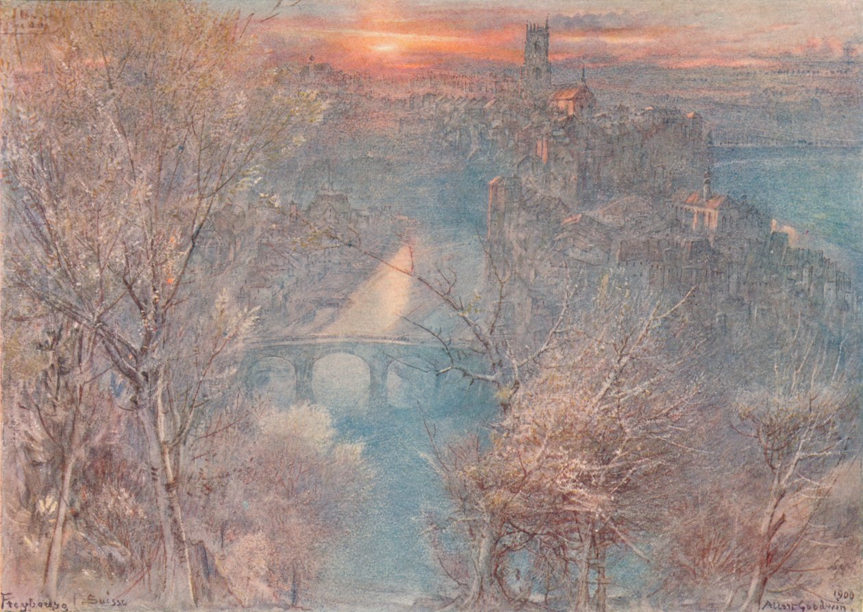Fribourg, Sveitsi: Auringonnousu, 1900, 1923 tekijältä Albert Goodwin