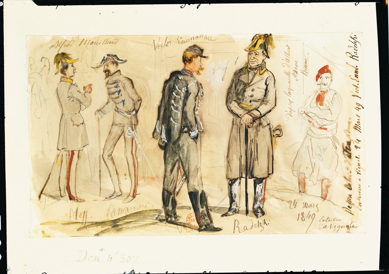 Kuningas Vittorio Emanuele II (1820-78) Tapaaminen Joseph Radetsky von Radetzin (1766-1858) Vignalessa, 24. maaliskuuta 1849 (kynä, muste ja wc paperilla) tekijältä Albrecht Adam