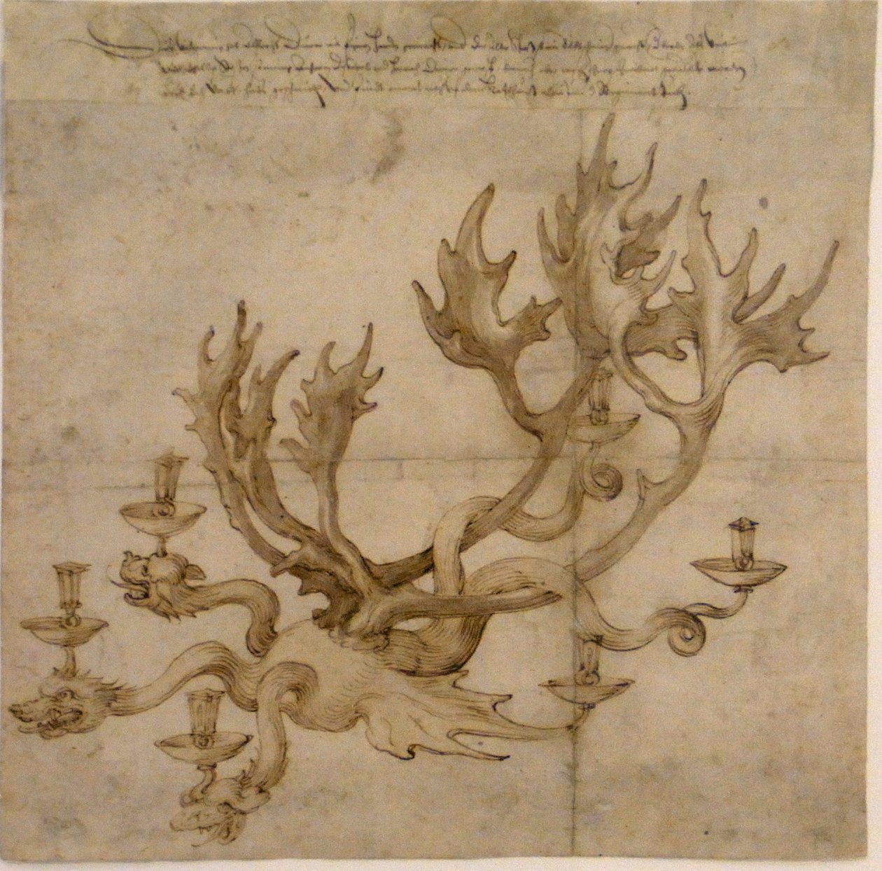 Entwurf für einen Drachenleuchter mit Rentiergeweih tekijältä Albrecht Dürer