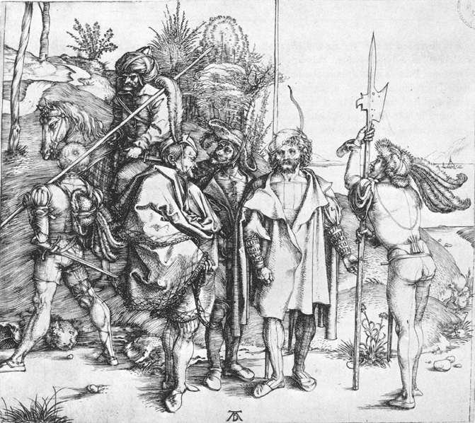 Viisi Lansquenetsia ja itämainen hevosella tekijältä Albrecht Dürer