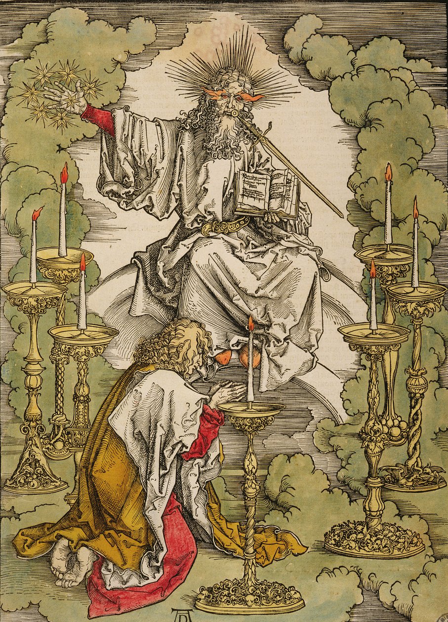 Pyhä Johannes Patmoksen saarella saa Jumalalta inspiraation luodakseen Apokalypsin, 1498 (väripuupiirros) tekijältä Albrecht Dürer