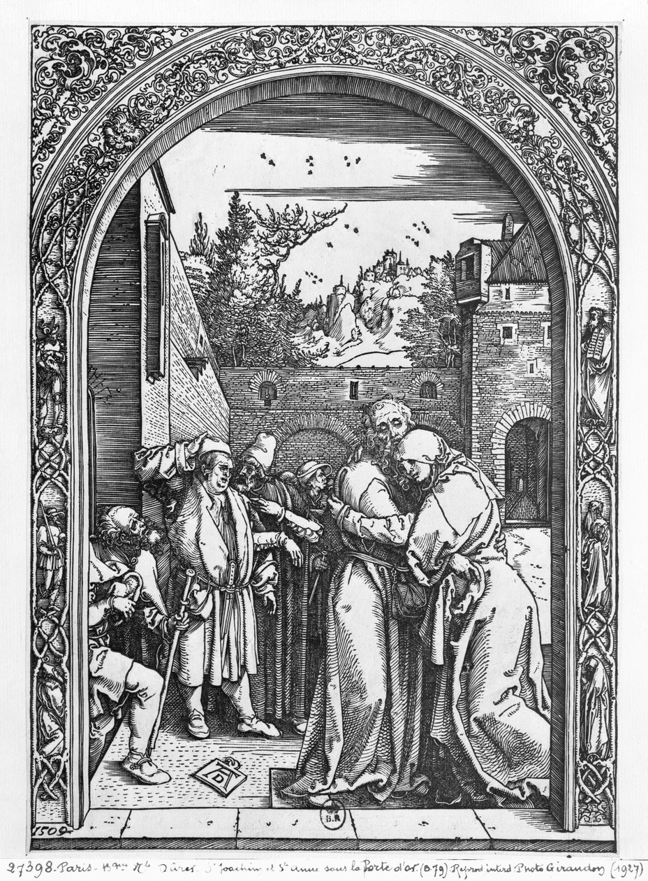 Pyhän Annan ja Pyhän Joakimin tapaaminen Kultaisella portilla, Neitsyen elämä -sarjasta, 1504 tekijältä Albrecht Dürer