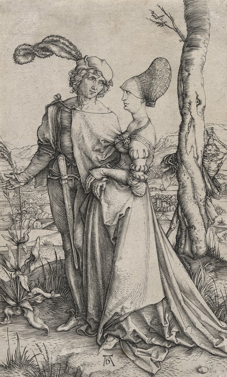 Promenade eli kuoleman uhkaama nuori pari, n. 1498 (kaiverrus paperille) tekijältä Albrecht Dürer