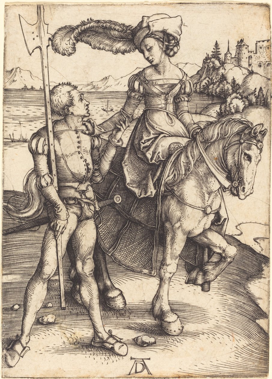 Lady on Horseback ja Lansquenet tekijältä Albrecht Dürer