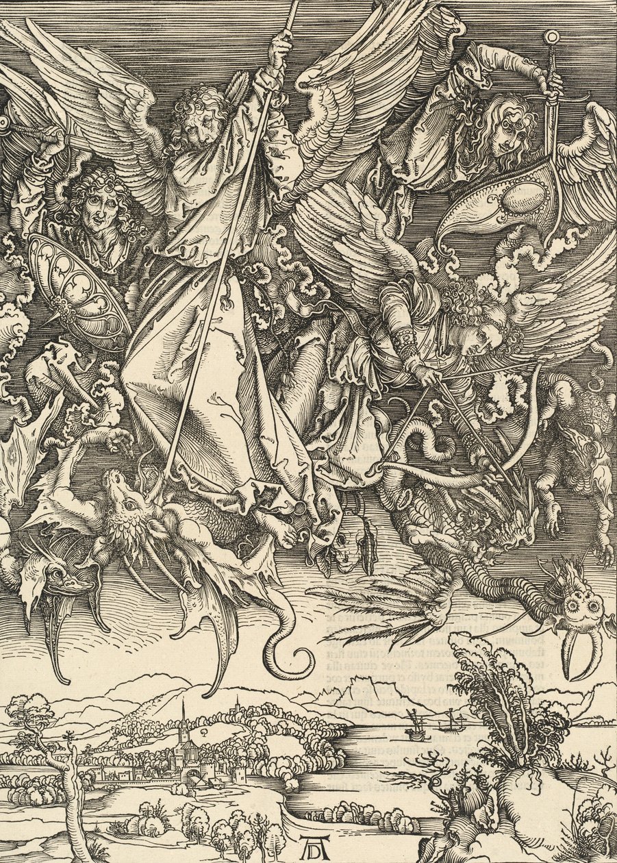 Pyhä Mikael taistelee lohikäärmettä vastaan, 1498. tekijältä Albrecht Dürer