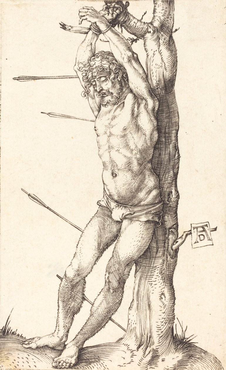 Saint Sebastian sidottu puuhun, 15001501. tekijältä Albrecht Dürer