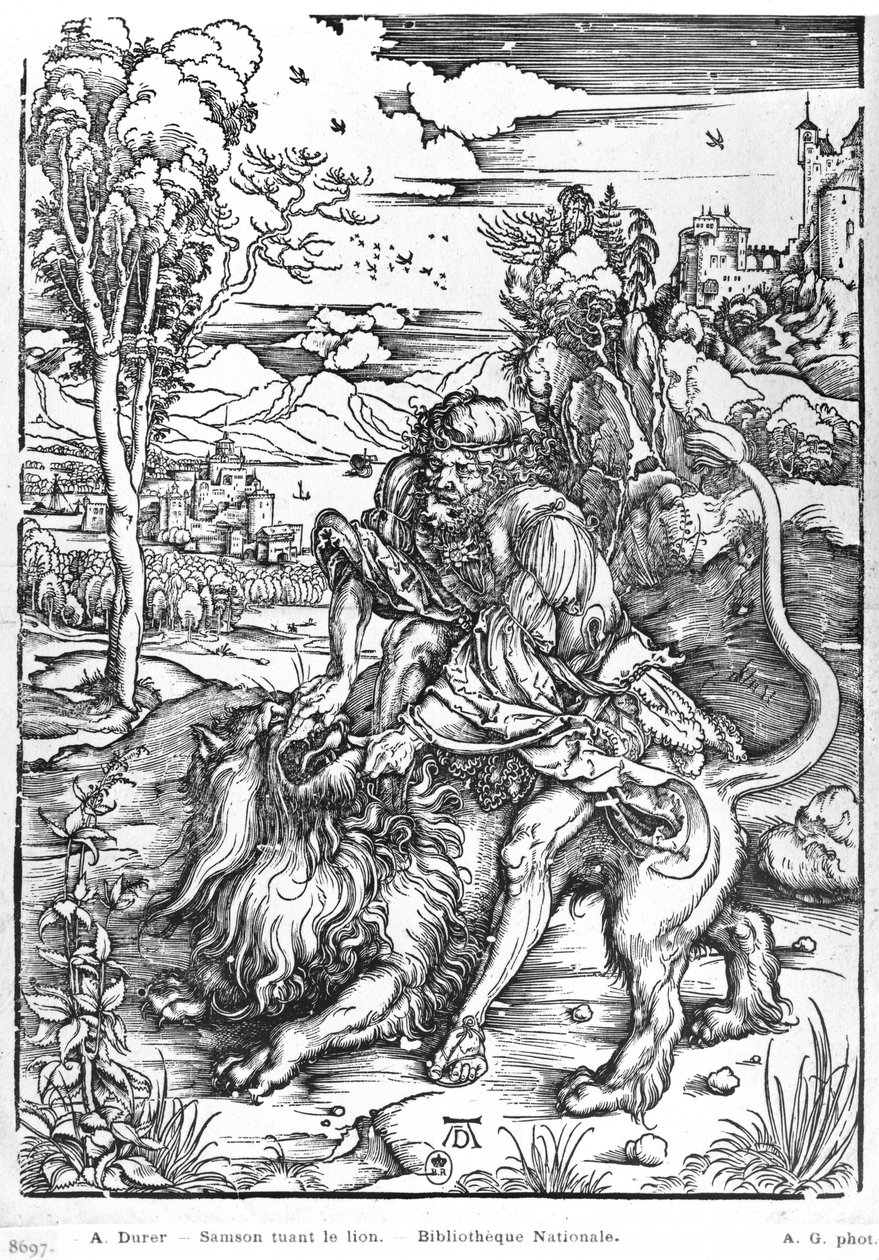 Simson surmaamassa leijonaa, n. 1496-1498 tekijältä Albrecht Dürer