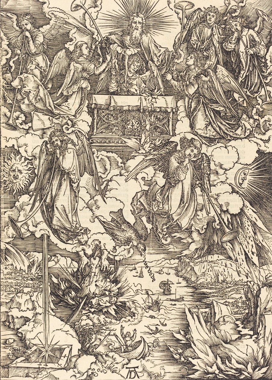 Seitsemän enkeliä trumpettien kanssa, 1498. tekijältä Albrecht Dürer