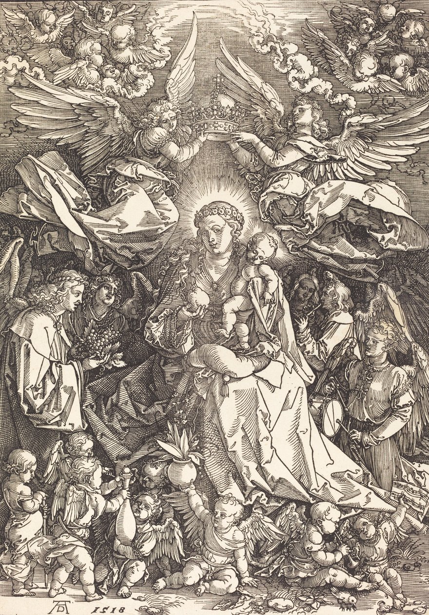 Neitsyt monien enkelien ympäröimänä, 1518. tekijältä Albrecht Dürer