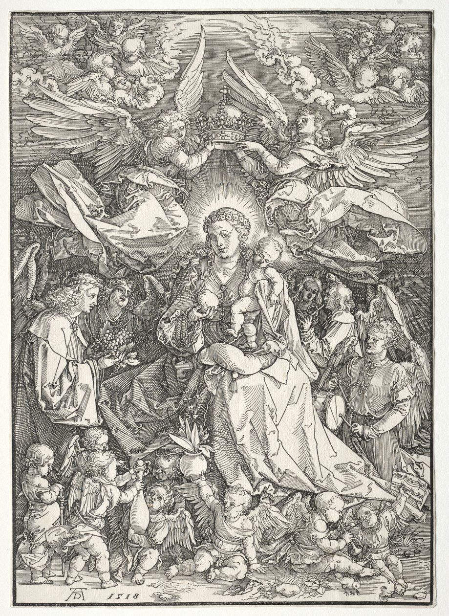 Neitsyt monien enkelien ympäröimänä, 1518. tekijältä Albrecht Dürer