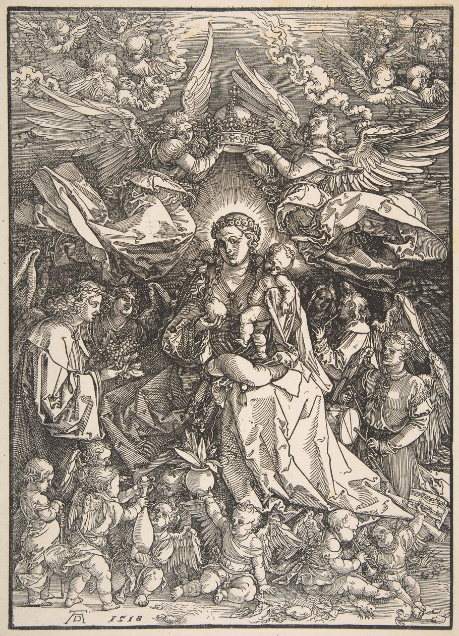 Neitsyt monien enkelien ympäröimänä, 1518. tekijältä Albrecht Dürer