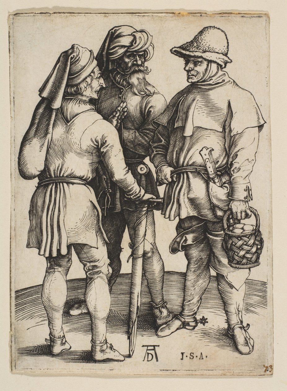 Kolme talonpoikaa keskustelussa, n. 1497. tekijältä Albrecht Dürer