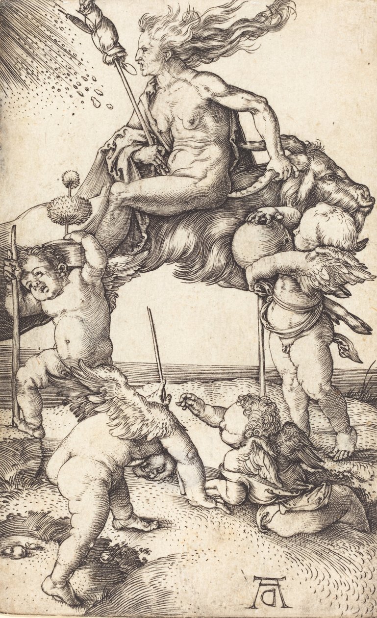 Noita ratsastaa vuohen päällä, n. 15001501. tekijältä Albrecht Dürer