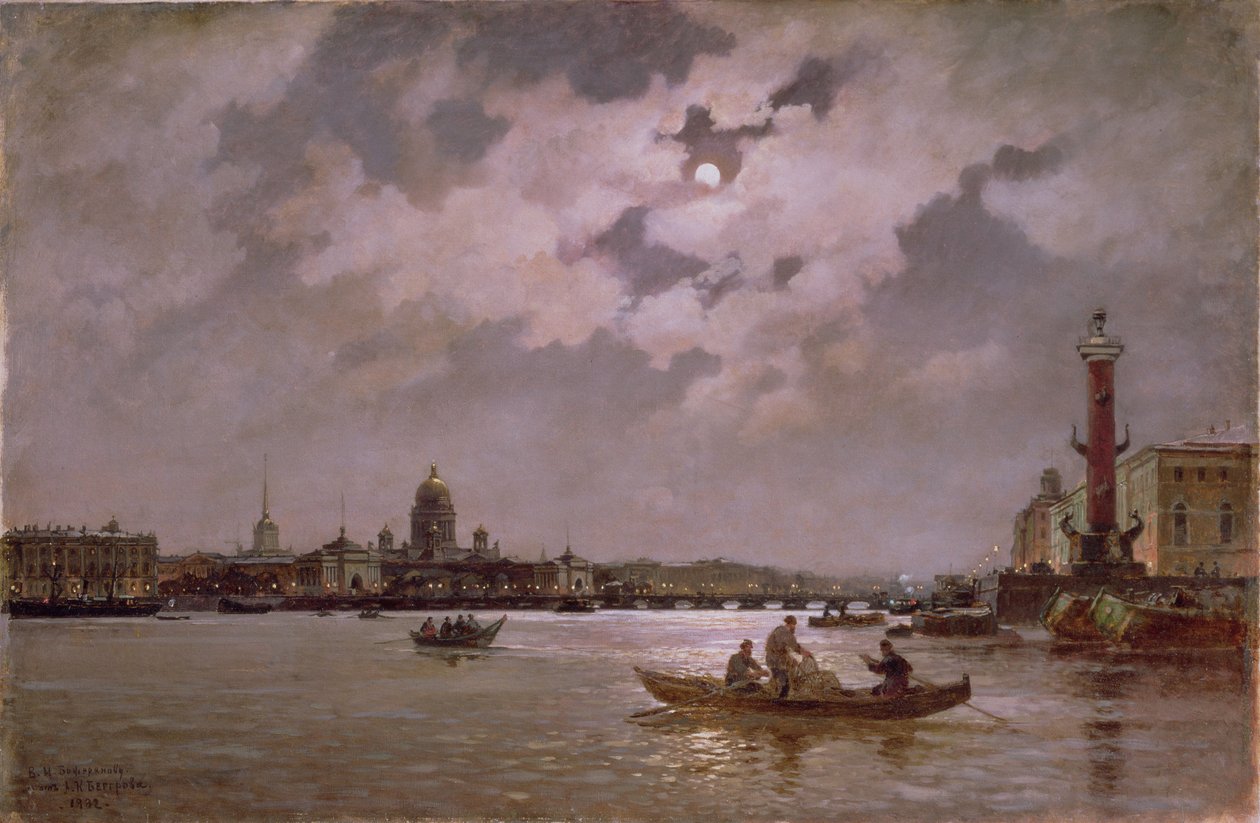 Näkymä Nevalle ja Admiralteiskajan rantakadulle kuunvalossa, 1882 tekijältä Aleksandr Karlovich Beggrov