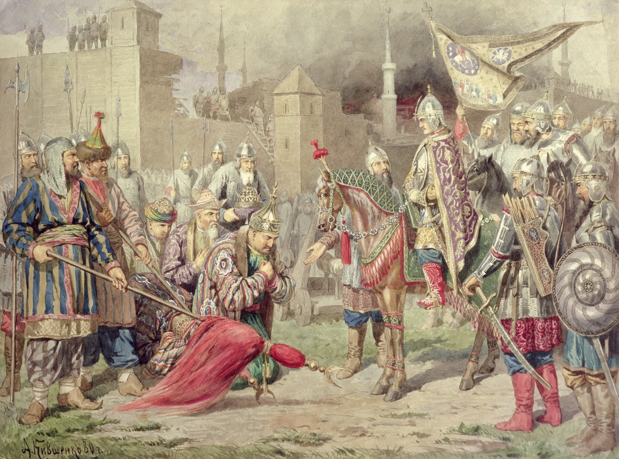 Tsaari Ivan IV Vasiljevitš Kamala (1530-84) valloitti Kazanin, 1880 tekijältä Aleksei Danilovich Kivshenko