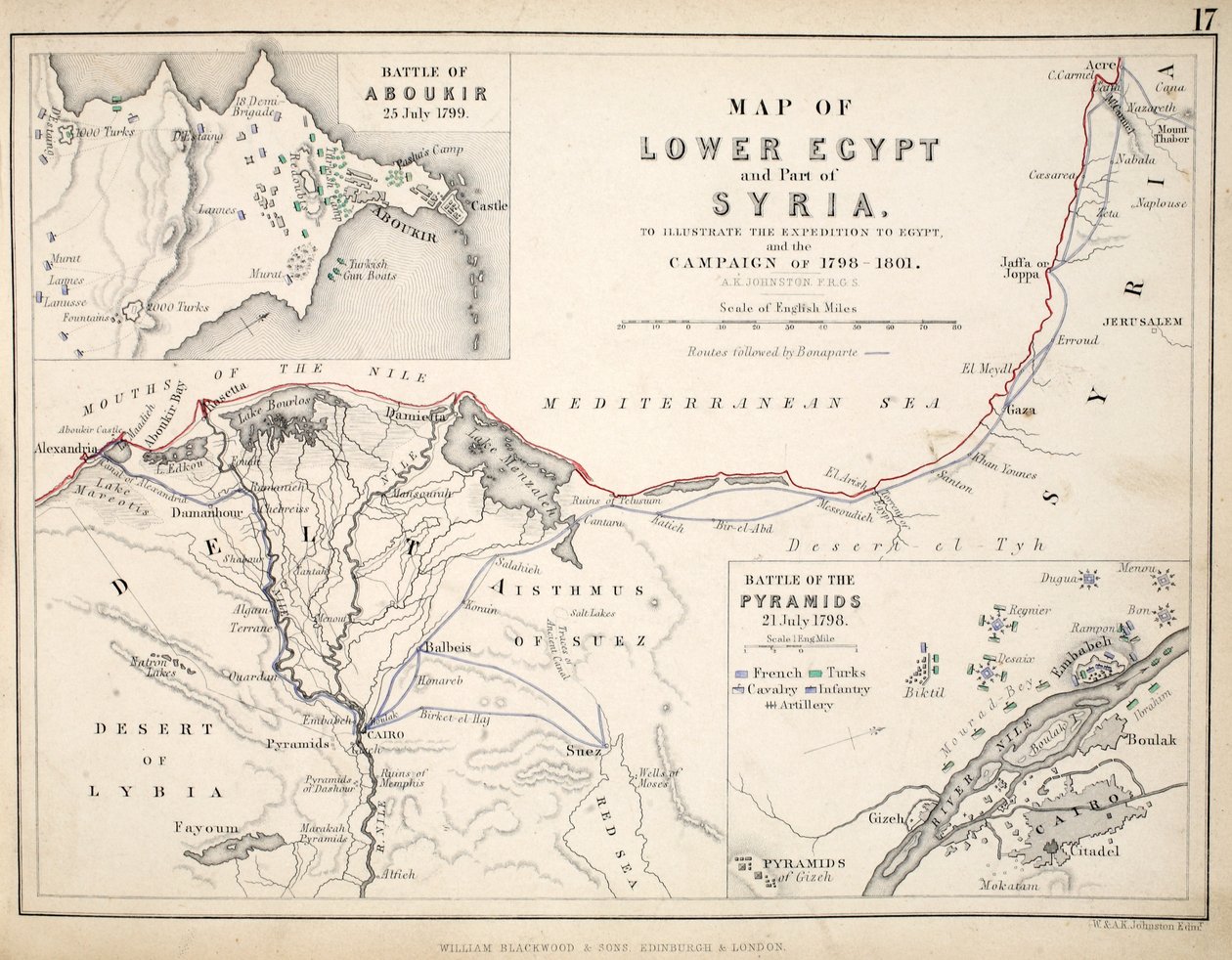 Ala-Egyptin ja osan Syyrian kartta, julkaissut William Blackwood and Sons, Edinburgh und London, 1848 (käsinvärinen kaiverrus) tekijältä Alexander Keith Johnston