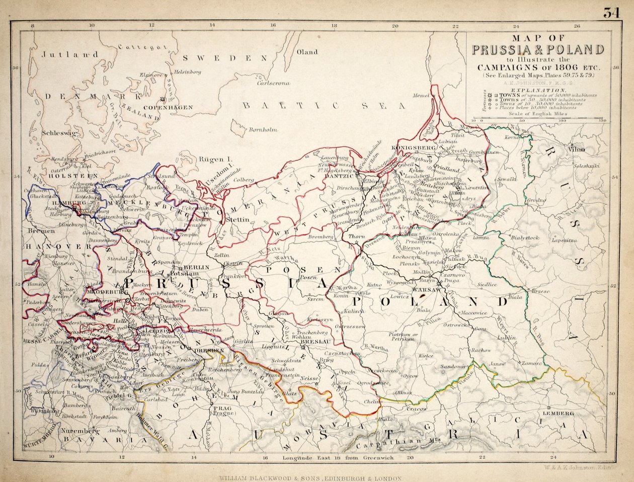 Preussin ja Puolan kartta, julkaissut William Blackwood and Sons, Edinburgh und London, 1848 (käsinvärinen kaiverrus) tekijältä Alexander Keith Johnston