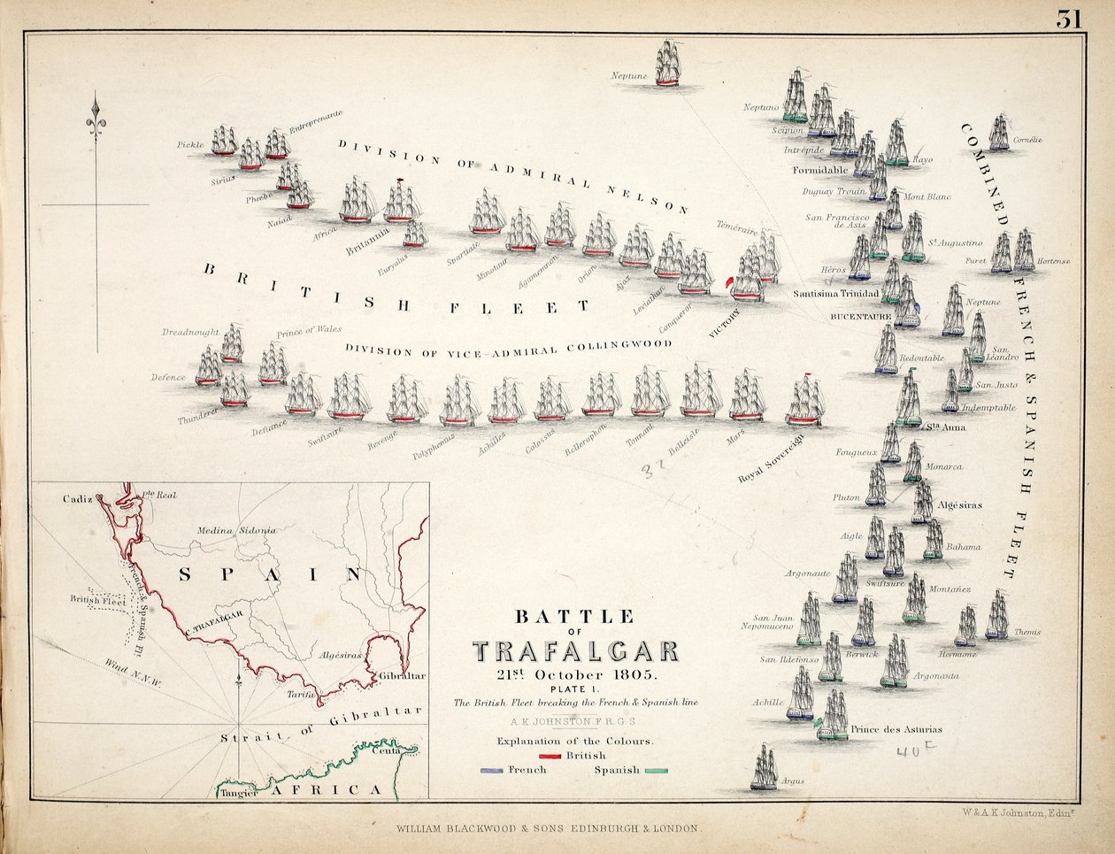 Kartta Trafalgarin taistelusta, julkaissut William Blackwood and Sons, Edinburgh ja London, 1848 (käsinvärinen kaiverrus) tekijältä Alexander Keith Johnston