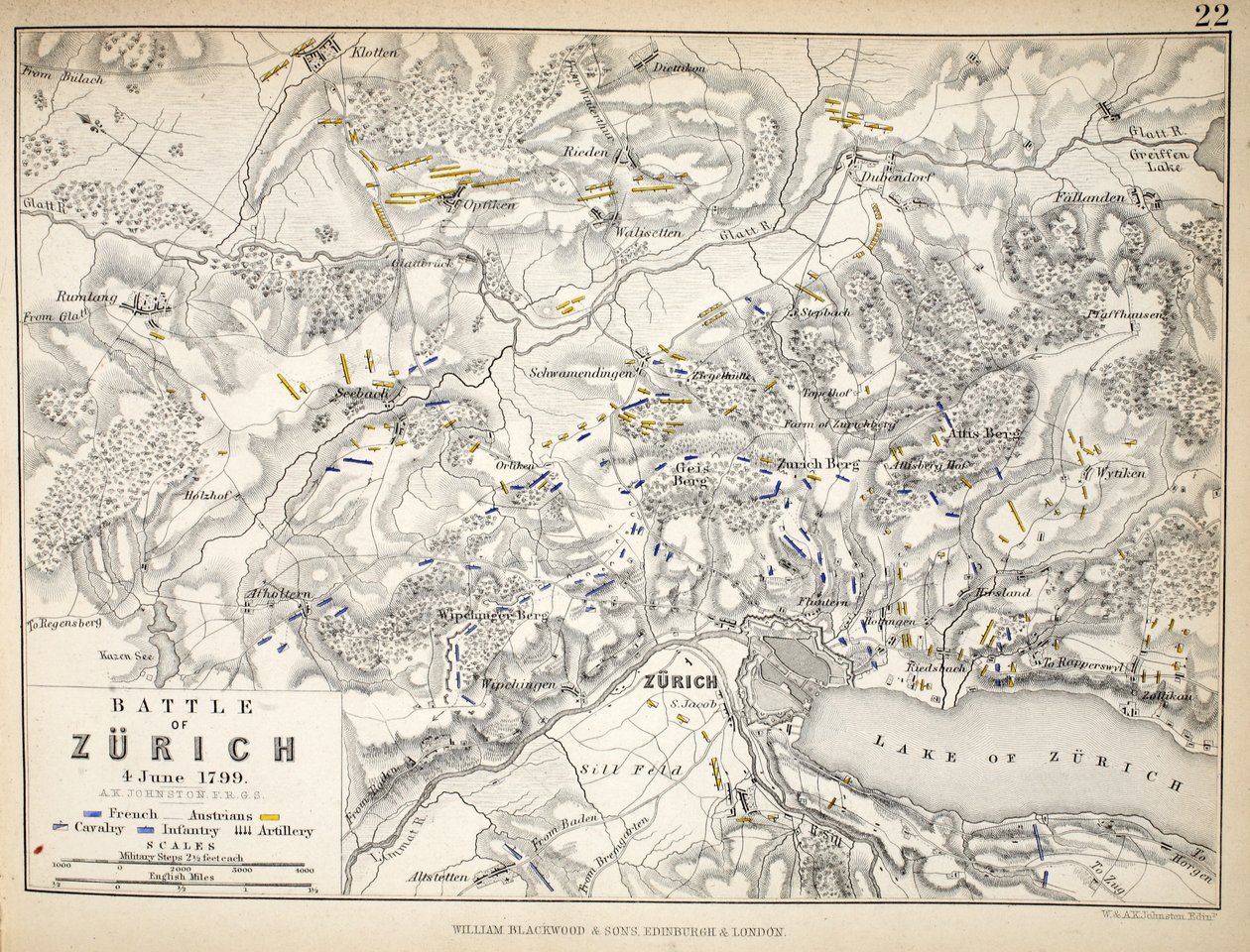 Kartta Zürichin taistelusta, julkaissut William Blackwood and Sons, Edinburgh ja London, 1848 (käsinvärinen kaiverrus) tekijältä Alexander Keith Johnston