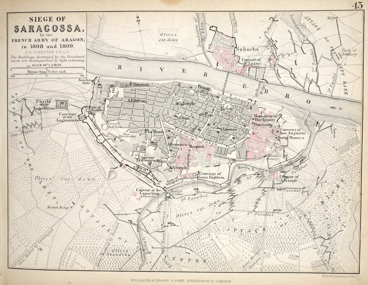 Saragossan piirityksen kartta, julkaissut William Blackwood and Sons, Edinburgh ja London, 1848 (käsinvärinen kaiverrus) tekijältä Alexander Keith Johnston