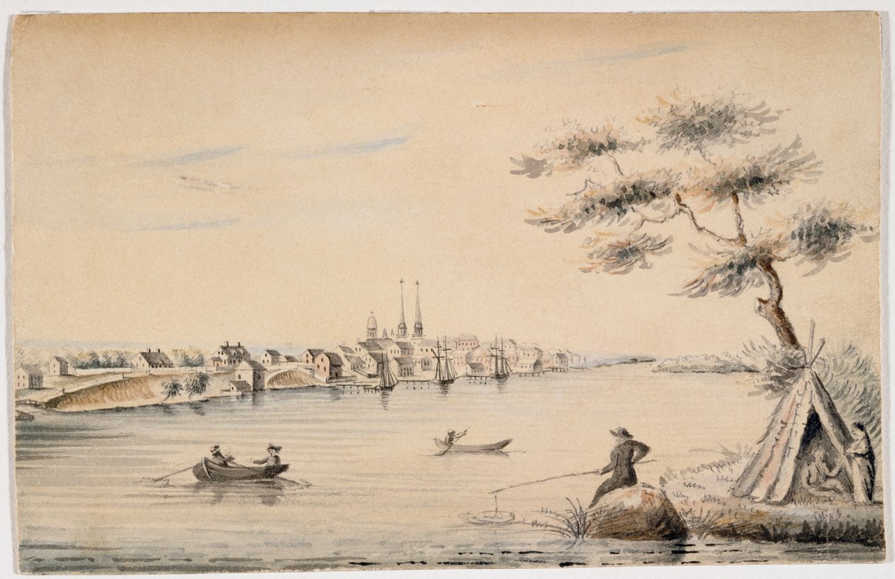 Detroit Kanadan rannalta katsottuna vuonna 1821 (musta muste ja wc kynällä paperilla) tekijältä Alexander Macomb