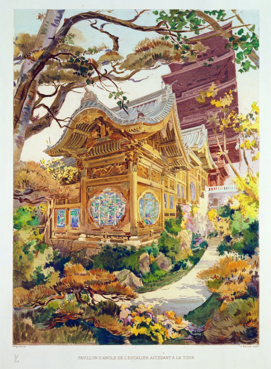 Japanilainen torni ja kiinalainen pagodi kuninkaallisessa puistossa Laekenissa, Belgiassa, teoksesta "Orientalisme et Architecture Contemporaine", kaiverrettu Jules Adolphe Chauvet (s.1828) (katso myös 171915, 1 tekijältä Alexandre Auguste Louis Marcel
