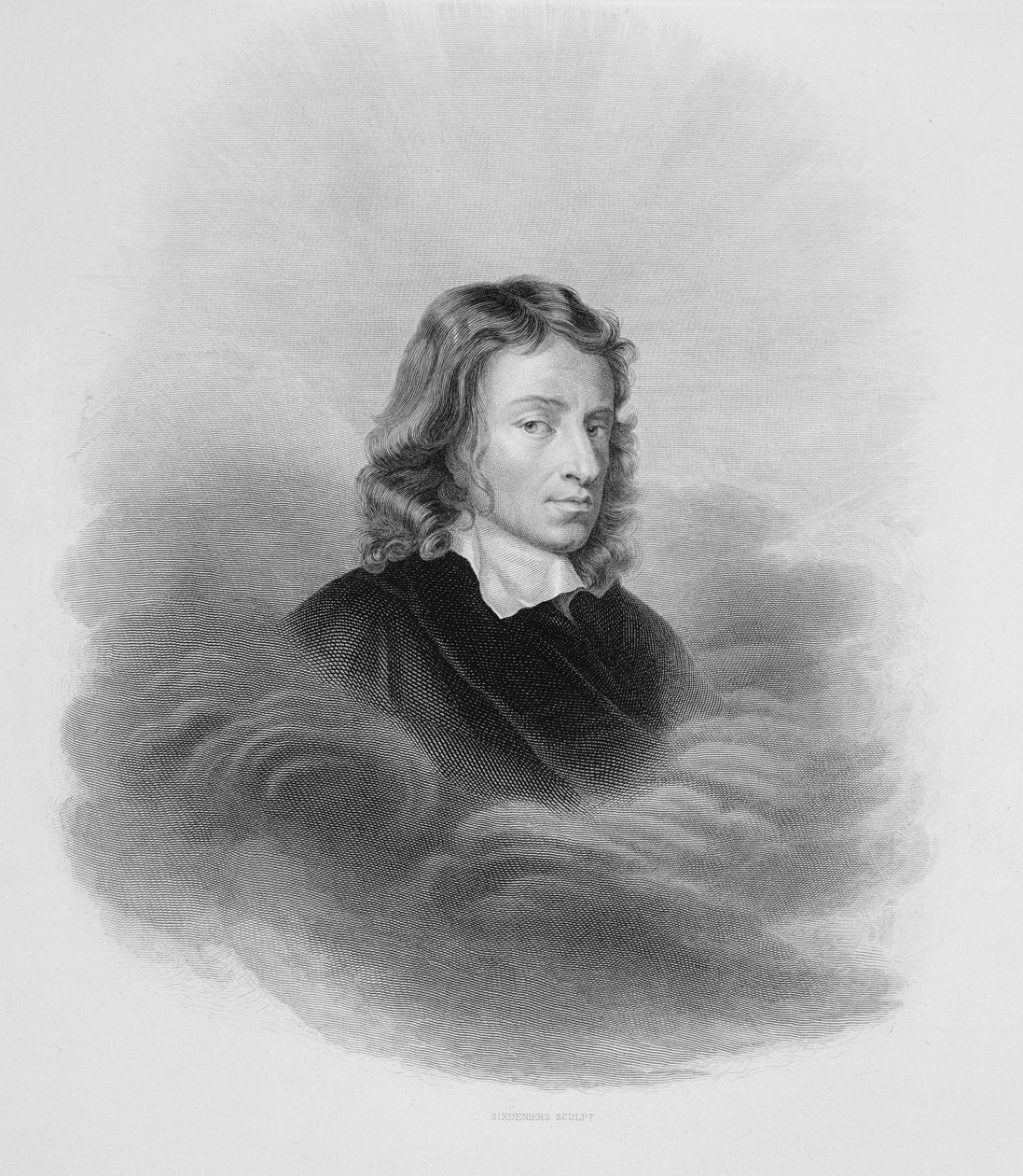 Taiteilijan kaivertama muotokuva John Miltonista (1608-74). tekijältä Alexandre Vincent Sixdeniers