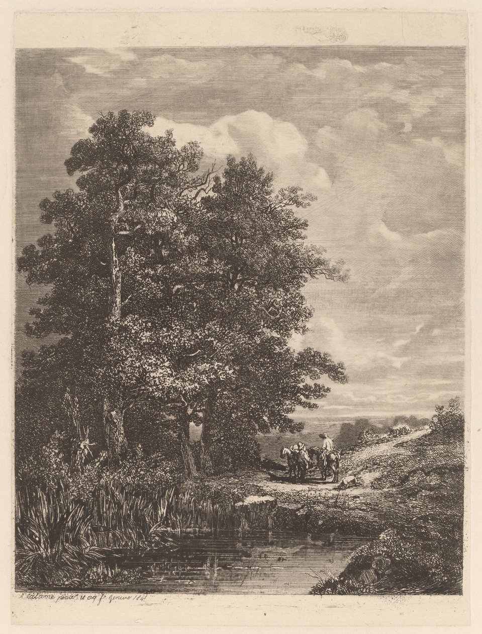 Ratsastajat lammen rannalla tekijältä Alexandre Calame
