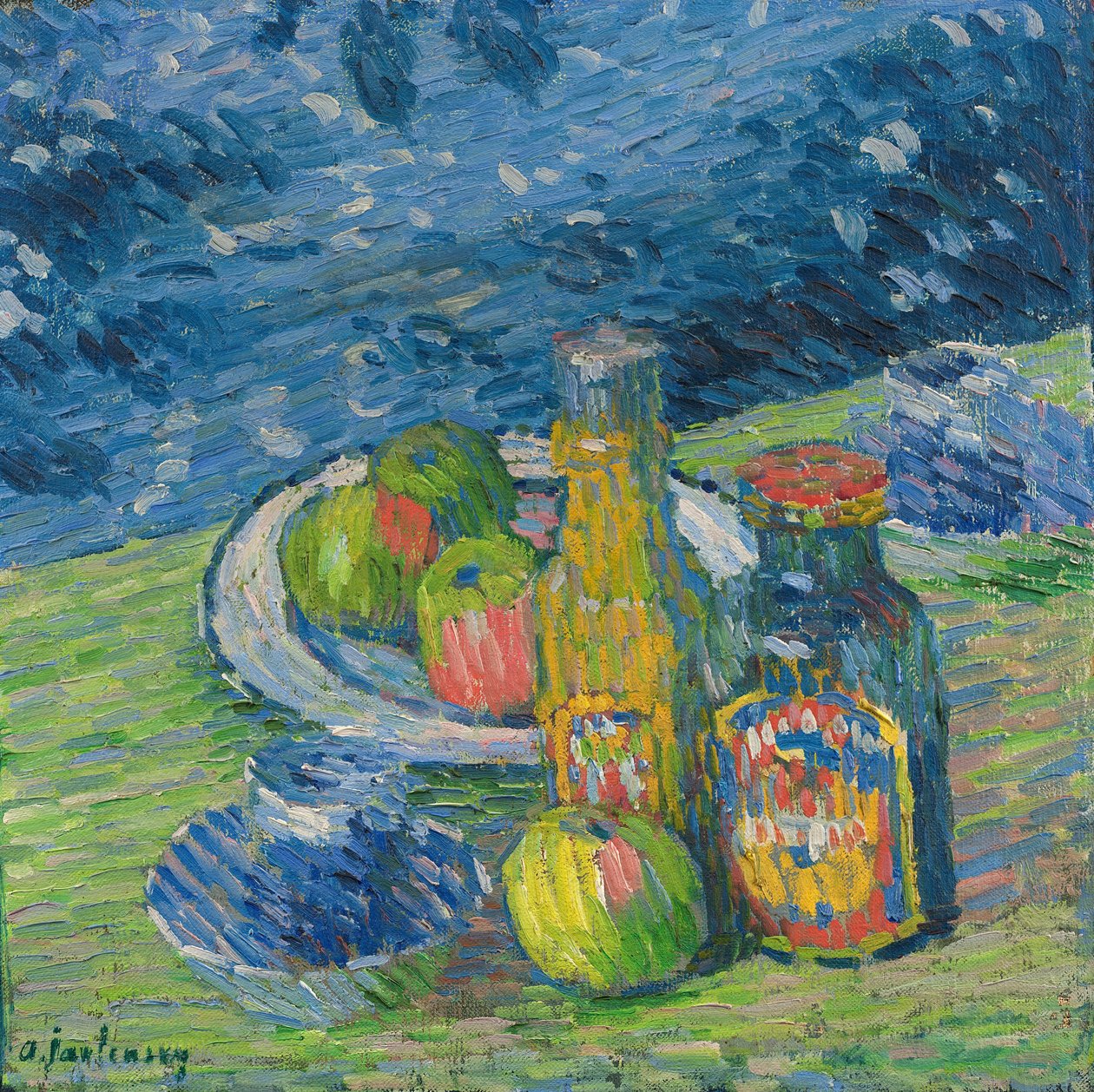 Asetelma pullojen ja hedelmien kanssa, 1900. tekijältä Alexej von Jawlensky