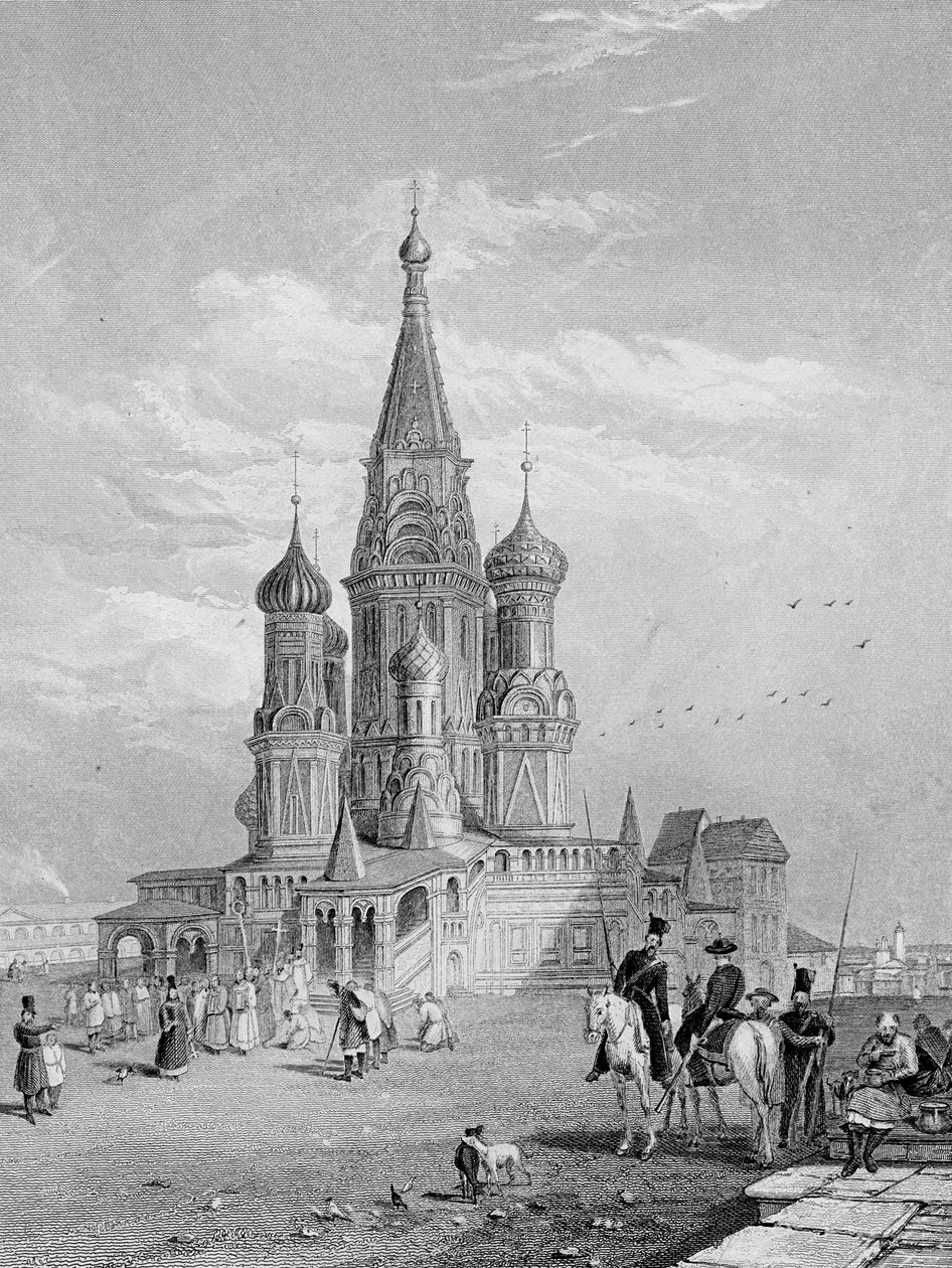 Pyhän Vasilin katedraali, Moskova, Turnbullin kaiverrus, 1835. tekijältä Alfred Gomersal Vickers