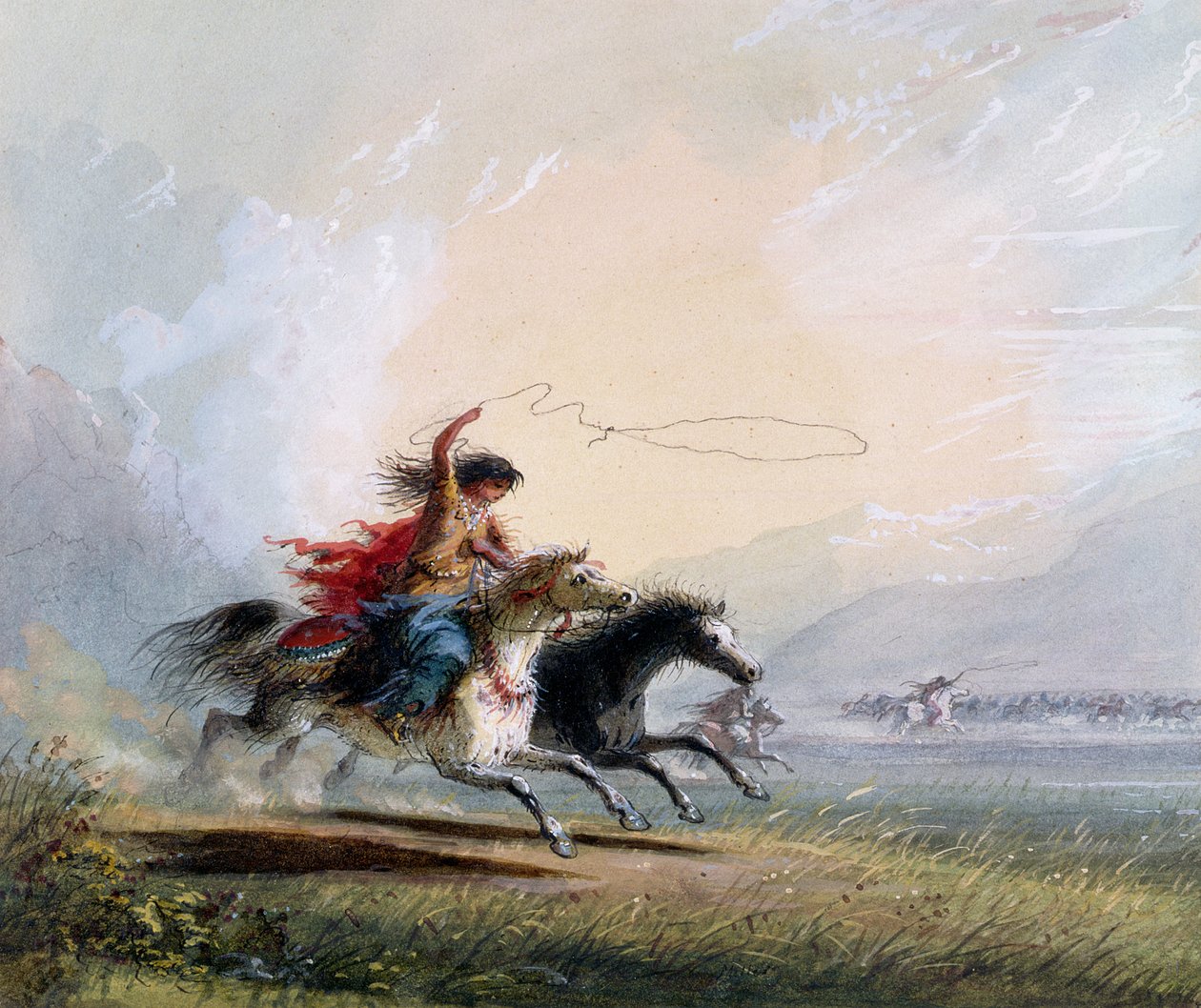 Shoshone-nainen nappaamassa hevosta, 1837 tekijältä Alfred Jacob Miller