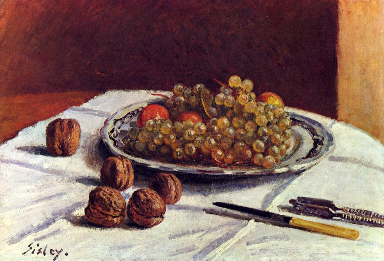  Asetelma, viinirypäleet ja pähkinät tekijältä Alfred Sisley