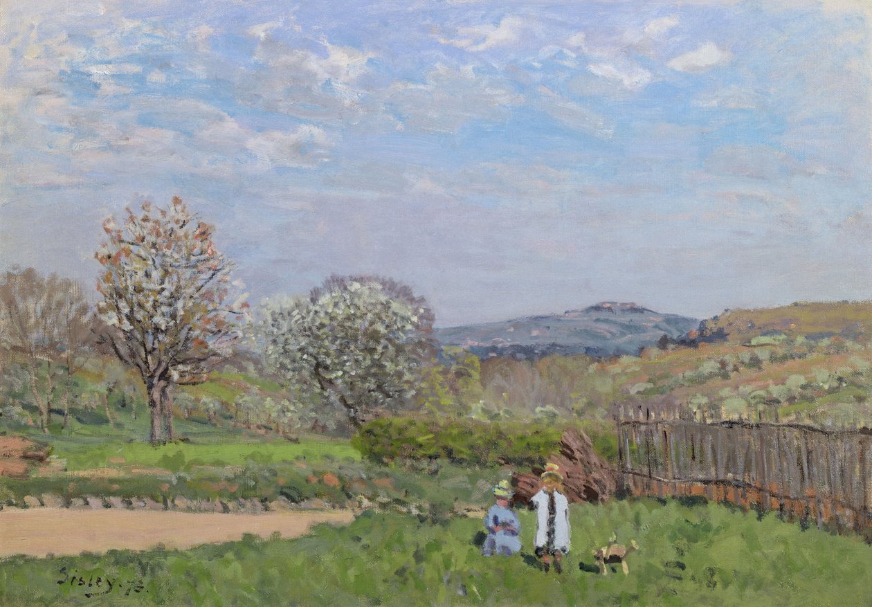 Lapset leikkivät niityllä tekijältä Alfred Sisley