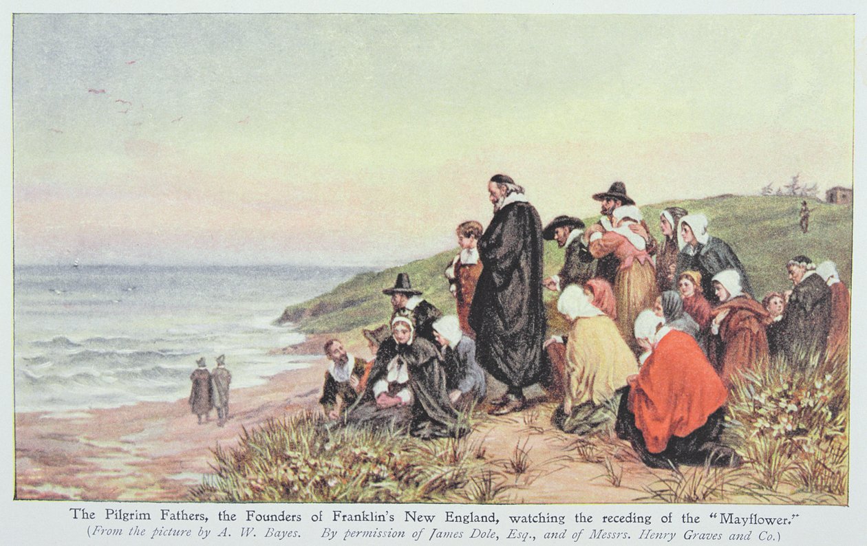 Pilgrim Fathers, Franklinin New Englandin perustajat, katsomassa Mayflowerin väistymistä, kuvitus kirjasta "Lives of Great Men Told by Great Men", toimittanut Richard Wilson, noin 1920-luku (colo) tekijältä Alfred Walter Bayes
