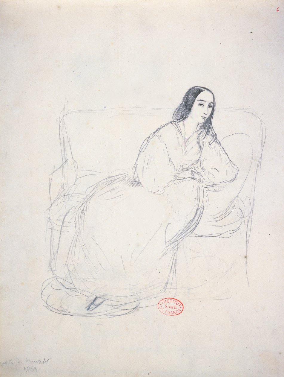 George Sand (1804-1876) istuu sohvalla, 1833 tekijältä Alfred de Musset