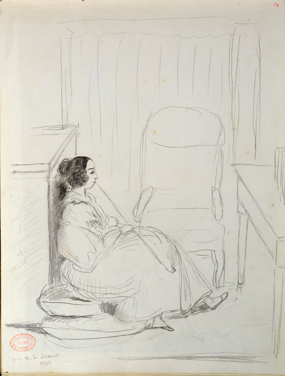 George Sand (1804-76) istuu ja polttaa piippua, 1833 tekijältä Alfred de Musset