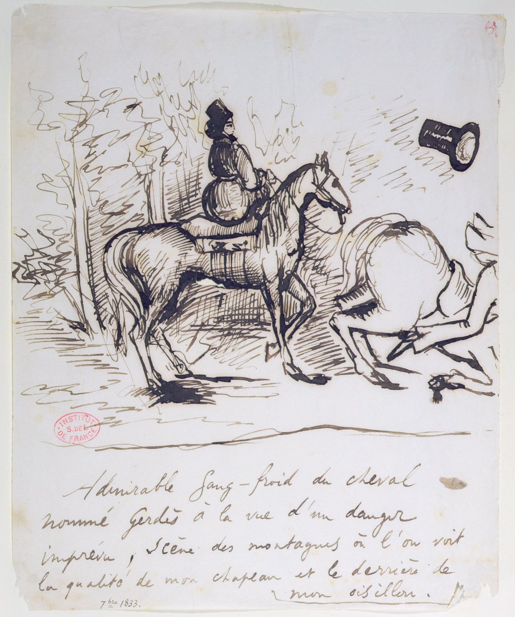 George Sandin hevonen esittelee sangfroidia Alfred de Mussetin (1810-57) kompastavan hevosen takana, syyskuu 1833 tekijältä Alfred de Musset