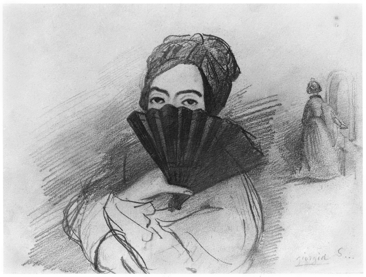 George Sandin (1804-76) muotokuva tuulettimensa takana tekijältä Alfred de Musset