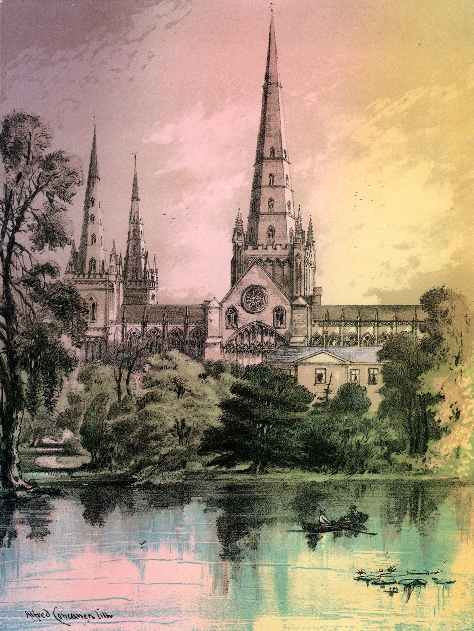 Lichfieldin katedraali, Staffordshire, vuodelta 1870 tekijältä Alfred Concanen
