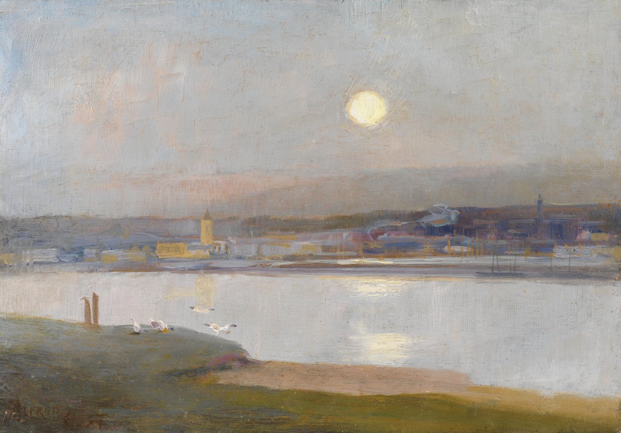 Moonrise Over Hayle, Lelantista, n. 1892 tekijältä Alfred East