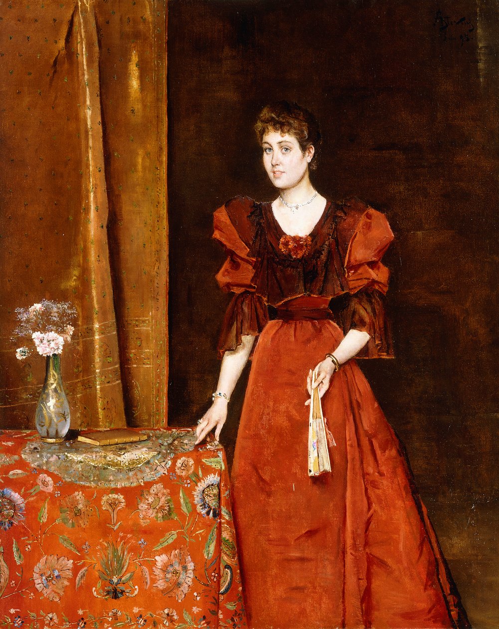 Elegantti nainen pitelee tuuletinta, 1893 tekijältä Alfred Emile Stevens