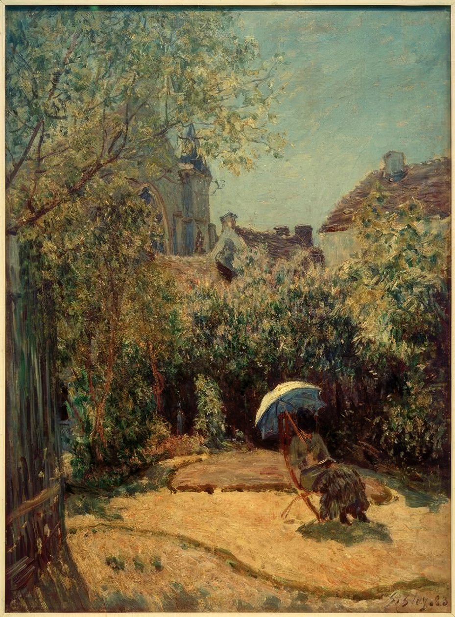 Nainen aurinkovarjolla - kesäkohtaus tekijältä Alfred Sisley