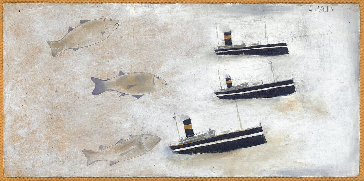 Kalat ja troolarit (kynä ja öljy kortilla) tekijältä Alfred Wallis