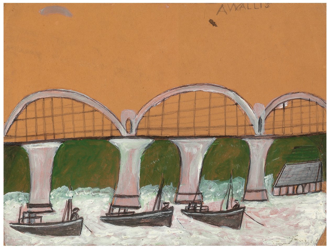 Saltash Bridge (lyijykynä ja öljy kortille) tekijältä Alfred Wallis