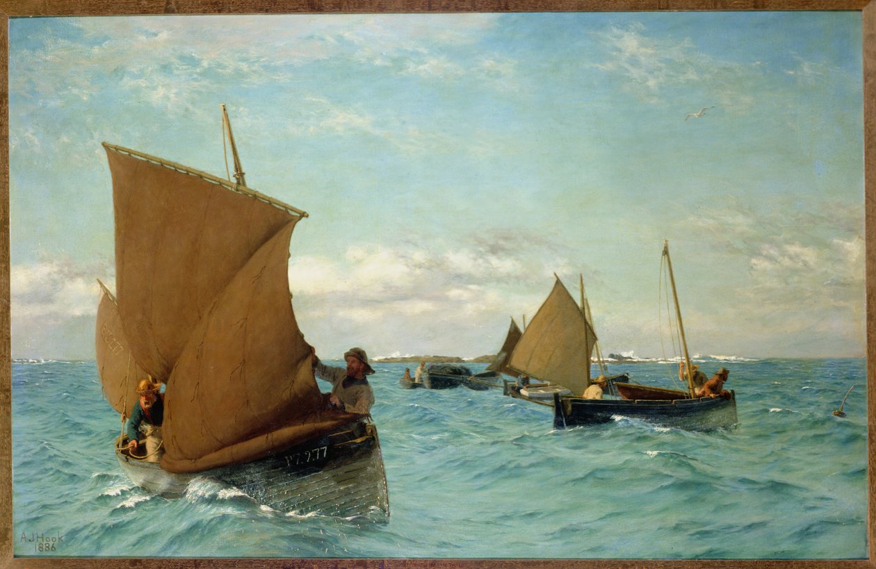 Luggers poimimassa kiinnityspaikkoja, 1886 tekijältä Allan J. Hook